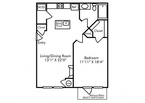 Floor plan for 1 bed, 1 bath, 806 sqft